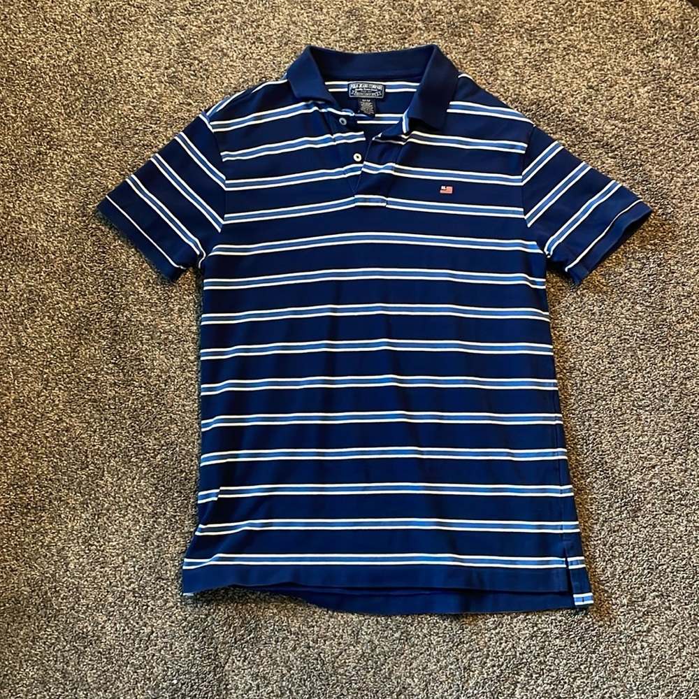 Blue and white stripped boys polo shirt.
